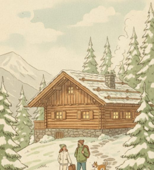 Illustration: das berghaus zwischen verschneiten bäumen, zwei kommen mit hund an