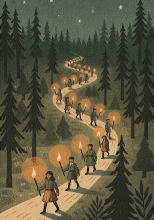 Illustration: fackelwanderung im gänsemarsch durch den dunklen wald