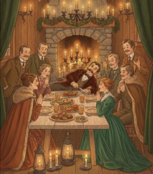 Illustration: krimidinner bei kerzenschein, alle beugen sich über den tisch